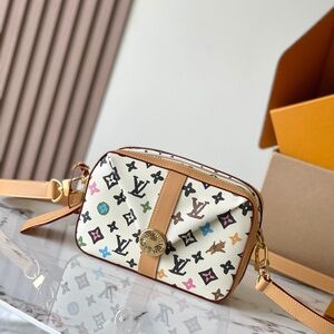 Louis Vuitton White Multicolor Monogram Crossbody Camera Bag with Tan Trim
